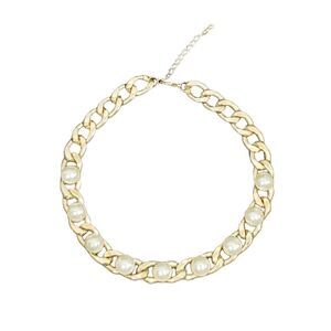 Faux Pearl Bead Gold Tone Link Chain Necklace 16" Chain